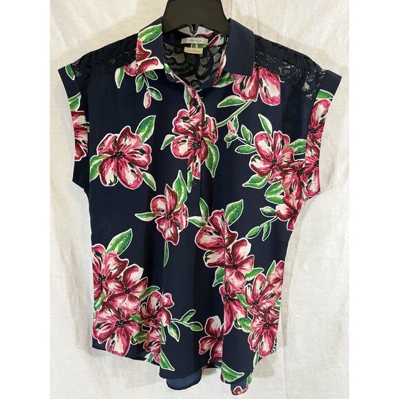 Van Heusen Women's Floral Medium Navy Floral Button Up Lace Back Blouse - Picture 1 of 7